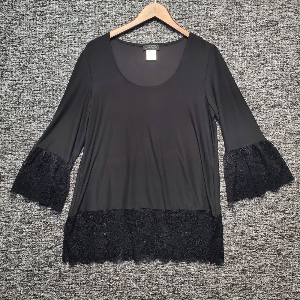Slinky Brand Tunic Top Women PM Black Lace Trim Bell Sleeve Whimsigoth Knit